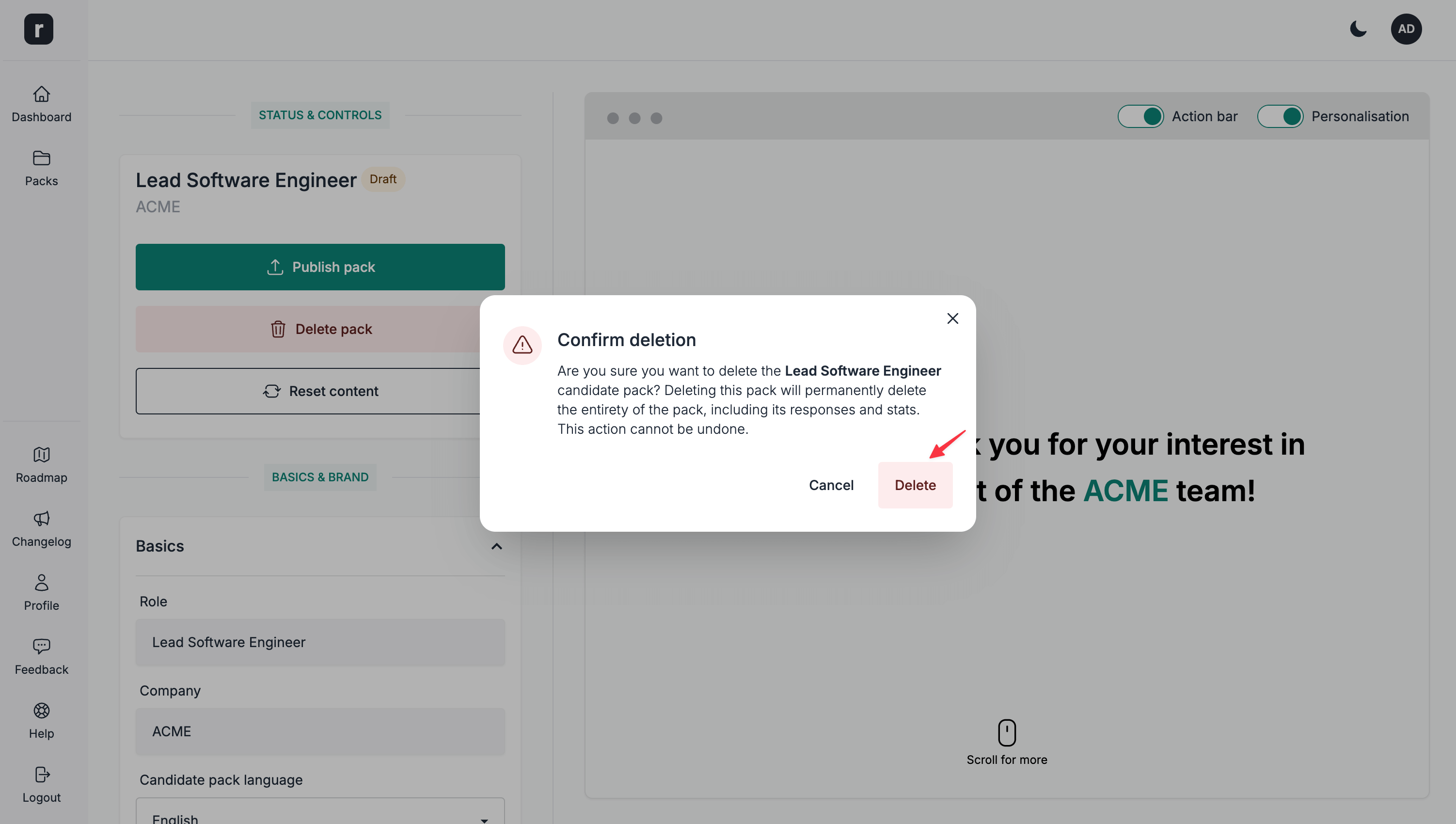 Click the delete option on the confirmation modal